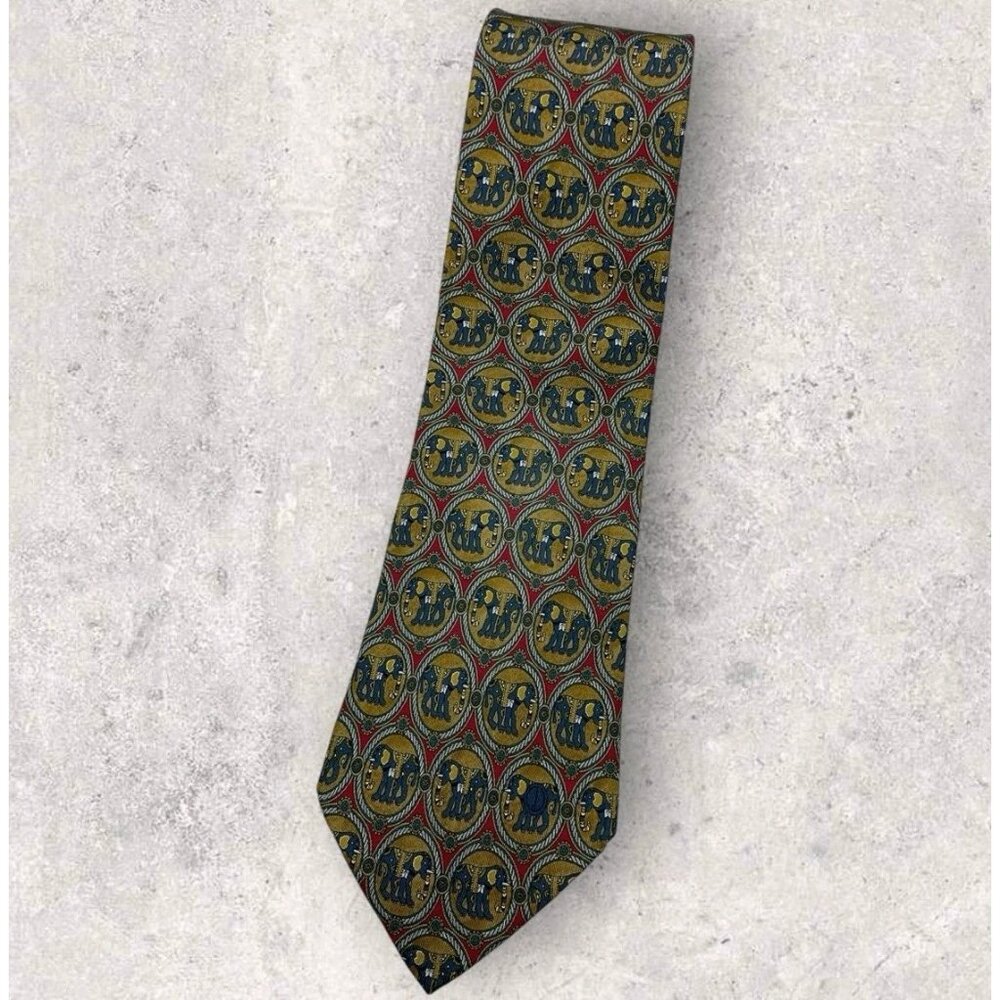 DUNHILL Silk Tie ITALY Burgundy Beige Green Geometric Elephant W:4" EUC